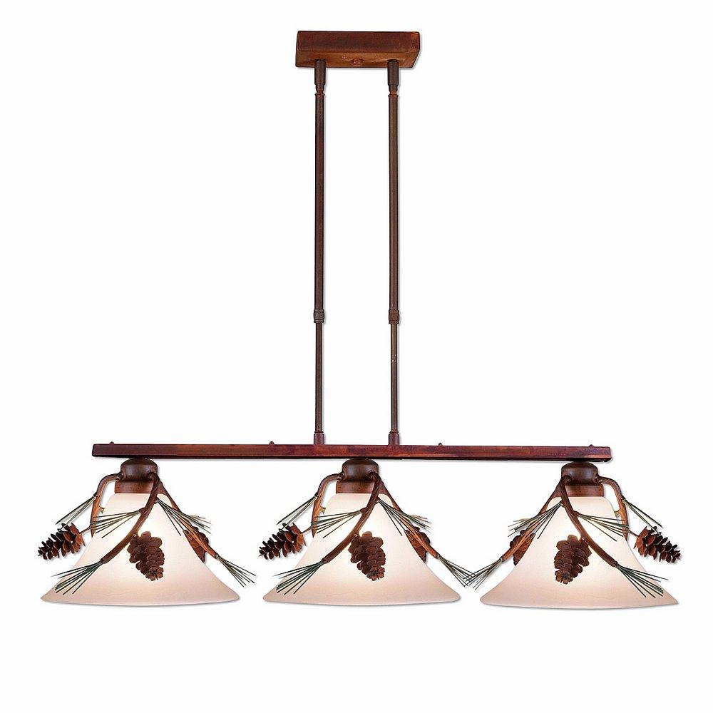 Cedarwood Kitchen Island Light Triple - Pine Cone - Two-Toned Amber Cream Cone Glass