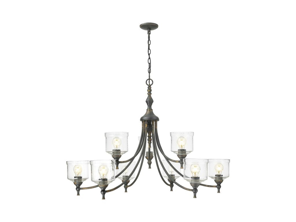 Keating 9 Light Chandelier in Antique Black Iron with Hammered Water Glass Shade