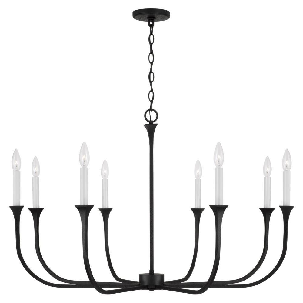8-Light Chandelier in Black Iron with Interchangeable White or Black Iron Candle Sleeves